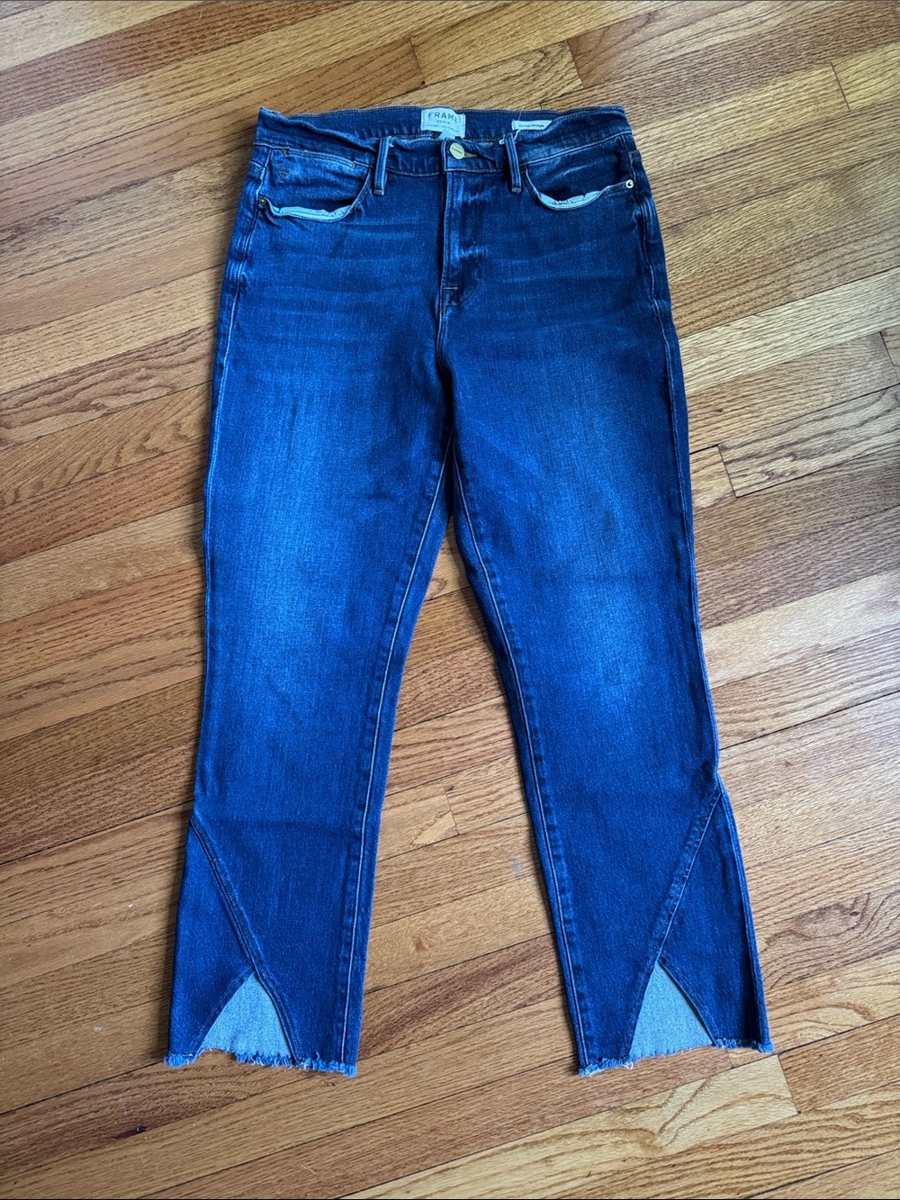 Frame Denim Dark Blue Ankle Crop Jeans with Front Slits